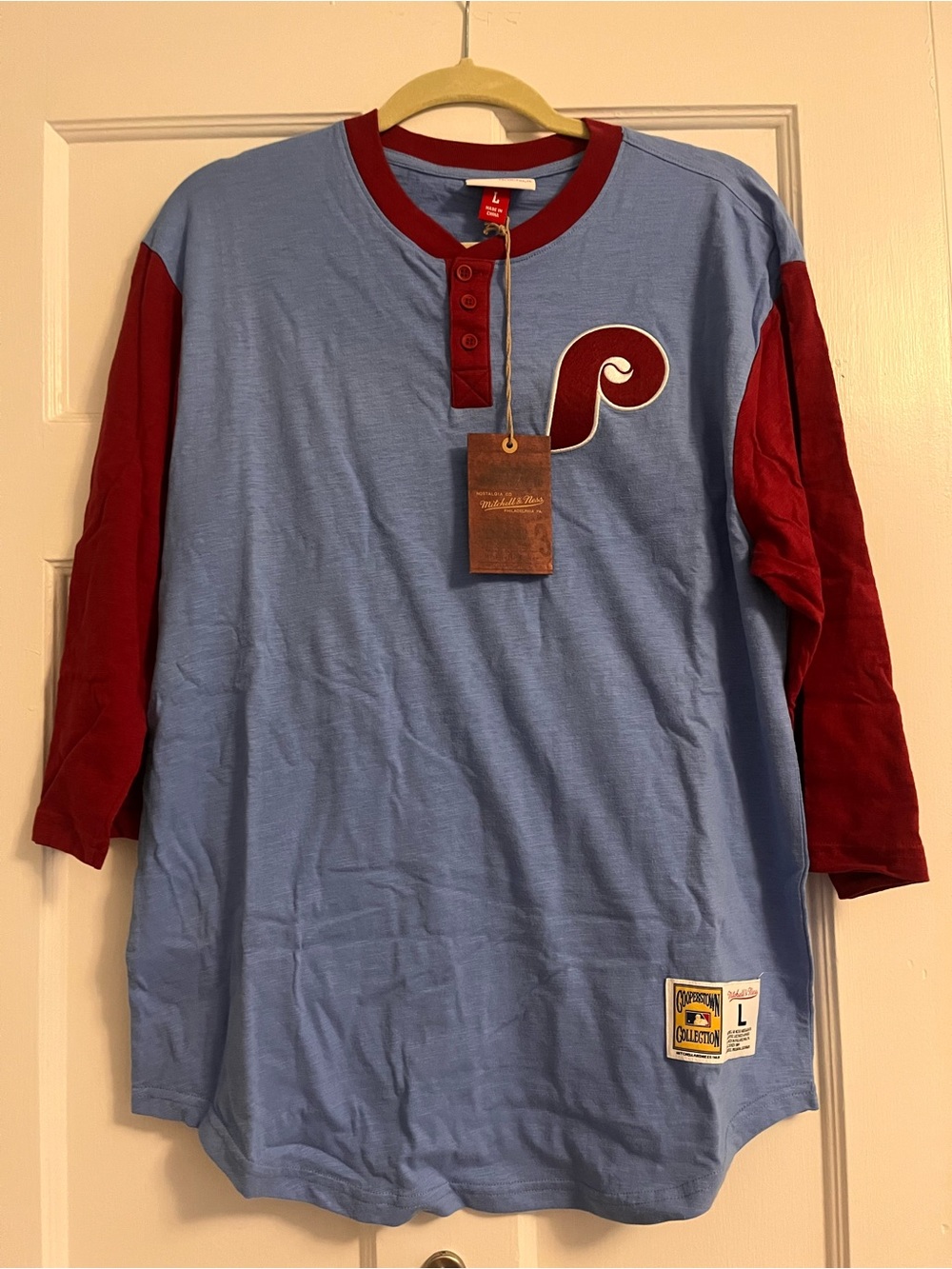 Phillies Mitchell & Ness Light Blue and Maroon Baseball Henley
